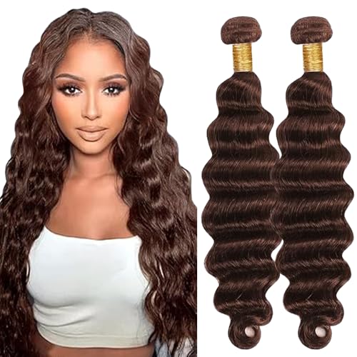 Extensiones de cabello humano de ondas profundas cosidas, pelo virgen marrón chocolate en 2 paquetes