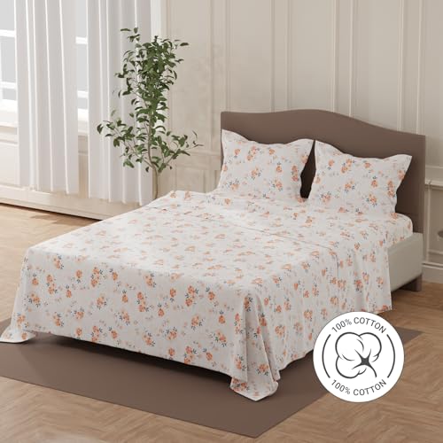 Image of Layers 100% Cotton Bedsheet for Double Size Bed | Lumina Floret Collection | 144 TC Soft & Breathable | Floral Print with 2 Pillow Covers | Wrinkle Free | 3 Piece Bedding Set - White & Orange