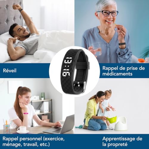 TabTime Montre de Rappel d’Alarme vibrante (Instructions en français) - jusqu'à 10 alarmes personnelles ou rappels de Pilule par Jour (Noire/Grande) – vue 5