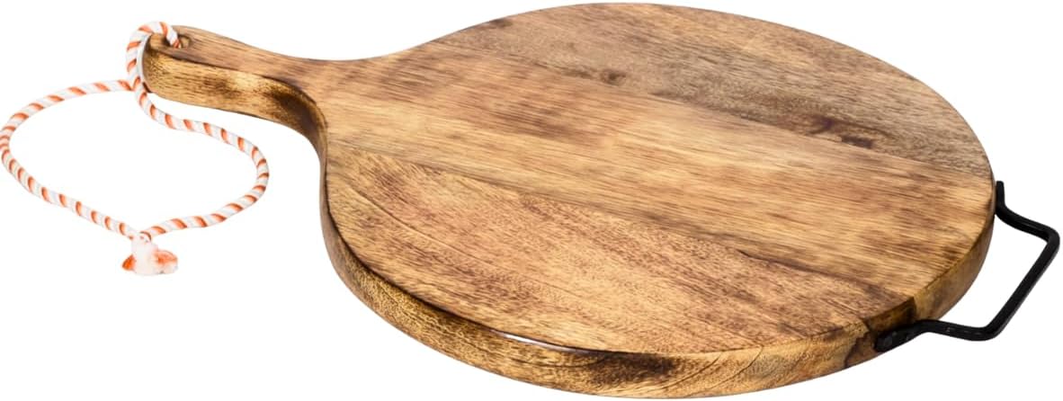 Artisenia 12-Inch Mango Wood Round Chopping Board with Handle & Hanging Rope - Rustic Pizza Serving Tray & Cutting Board