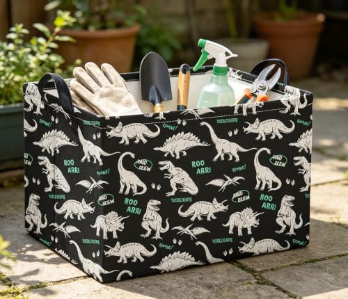 Image of Rectangle Storage Basket with Handles,Collapsible Storage Bin,Books Box,Gift Basket(Green Word Dinosaur)