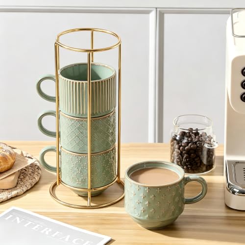 JIEMEI HOME Large Ceramic Coffee Mug Set of 4 with Stand, 15 Oz Stackable Embossment Ribbed Latte Cup Set for Cappuccino, Latte, Tea, Hot Cocoa, Drinks - Dishwasher & Microwave Safe, Vintage Turquoise - Image 7