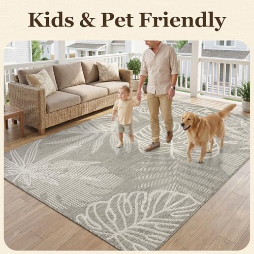 Montvoo-Outdoor Rug-Patio Rug Polypropylene Indoor Outdoor Rugs Carpet-Porch Balcony Rug for High Traffic Use Weave Design Quick Dry Easy Clean, Leaves Grey 7.9x10ft by MontVoo - Image 3