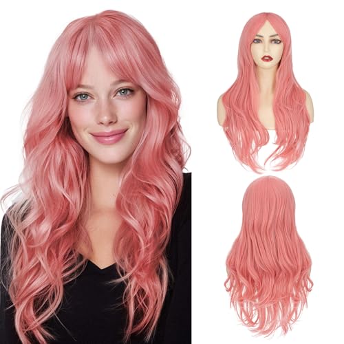 MY-LADY Pink Wig with Side Side Bangs Long Wavy Cosplay Wig for Women Natural Hair 24 Inch Synthetic Hair for Girls Daily Party Halloween