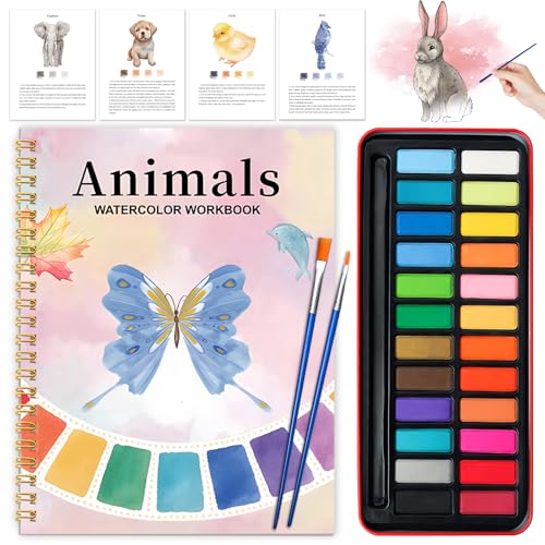 Watercolor Workbook - Coloring Book Beginner Friendly Painting Kit Watercolor Workbooks for Adults with 24 Colors Paint Exploration Gift for Adults Teens (Animals)