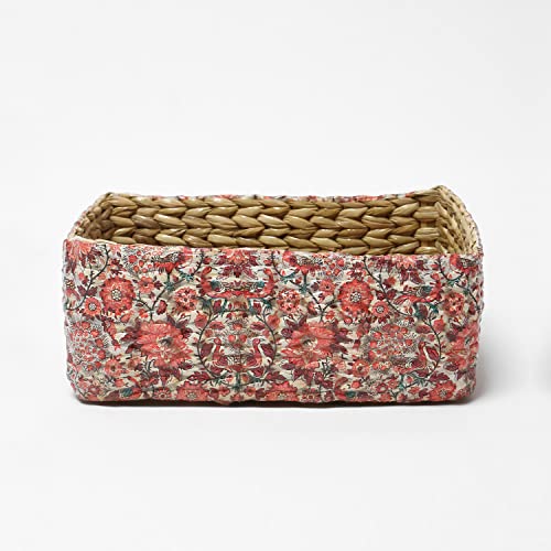 Habere India-All the Cultures Fabricating India Jute Rectangular Storage Baskets|Cane Or Bamboo Basket|Wicker Basket As Gift Hamper Basket/Rattan Wardrobe Basket (Red Flowers)