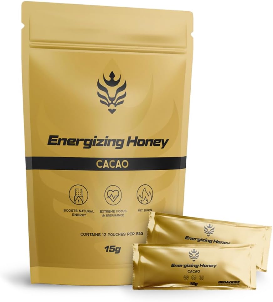 Benavidez Energizing Honey + Cacao Gel - 12 × 15 g Single-Serve Pouches | Raw Honey & 3.6 g Cacao with L-Carnitine, Taurine, B-Vitamins | Natural Endurance Fuel | Caffeine Free