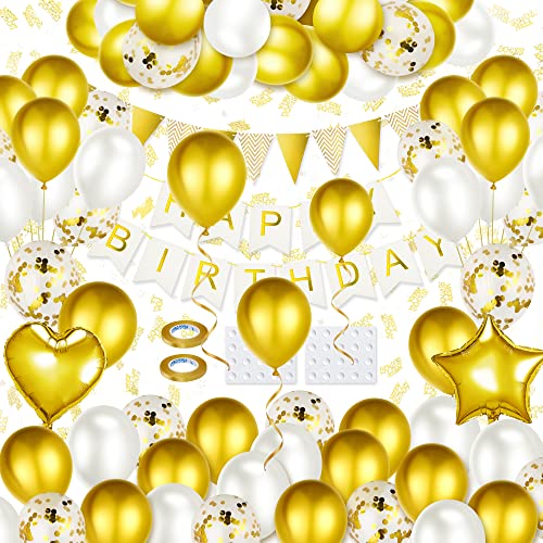MOJINO 41 Stück Geburtstagsdeko Geburtstag Deko Bausatz Mädchen Frauen, Gold Party Deko Set, Geburtstag & Party Zubehör - Happy Birthday Wimpelkette Geburtstag Luftballons Konfetti Cover