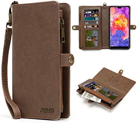 Multifunctional Wallet for Huawei P20 Pro, MEGSHI Zipper Wallet Case, Handbag with Detachable Magnetic Back Cover, Leather Case with Credit Card Slot (Brown)