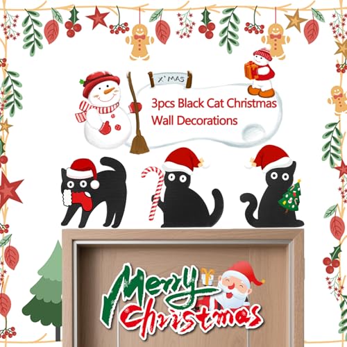 dctgrar 3ピース 黒猫 クリスマス ウォールデコレーション 不気味な木製の猫デザイン ユニークなポーズ お部屋、キッチン、玄関、棚、面白いスプークマス屋内装飾、猫好きへのユニークなギフト [2]