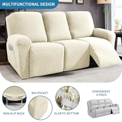 Image of 2026 Sofa Recliner Cover 5-Piece (69 inch-91 inch) Super Soft Recliner Couch Covers with Big Pocket & Anti Slip Ties Stay in Place, Stretch Lazy Boy Reclining Couch Sofa Slipcover Durable Washable, Beige