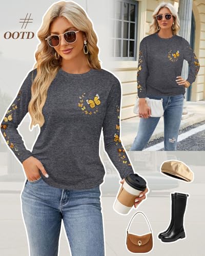 Flafens Long Sleeve Shirt for Women - Soft Crewneck Casual Graphic Fashion Clothes Tshirts Cute Cool Cotton Fall Trendy Workout Outfits Vacation Tops, Butterfly, Medium
