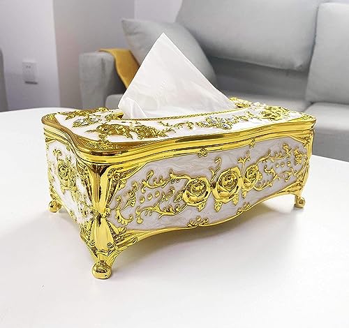 Image of Napkin Holder for Dining Table - Tabletop Napkin Dispenser, Tissue Paper Container for Kitchen, Home, Office, Restaurant (White, Gold)