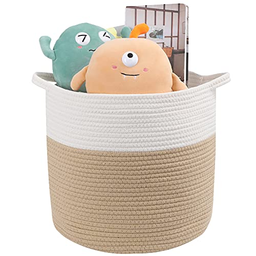 Baby Large Toy Storage Baskets, Mecaly Woven Laundry Hamper 15 x 15 x 13.8 Cotton Rope Round Blanket Storage for Living Room Bedroom Bathroom(White&Khai)