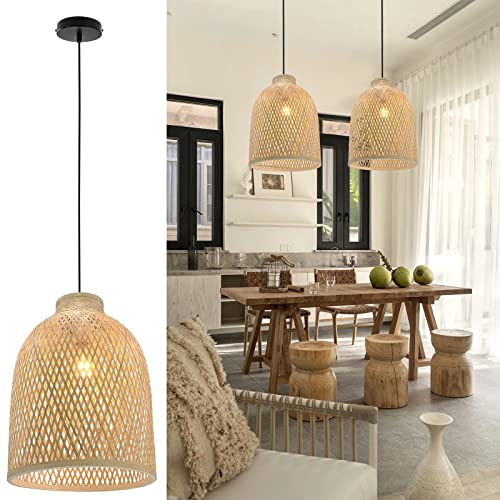 Akt Lighting Hand-Woven Bamboo Pendant Light, 11.8'' Ul Boho Coastal Rustic Retro Hanging Lamp, Handwoven Rattan Dome Shape Hanging Light Fixture For Living Room Bedroom Kitchen #TOP18