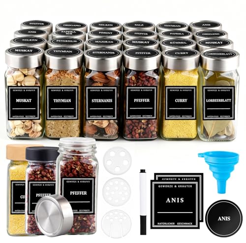 CoolNovel® 24er Gewürzgläser-Set [120 ml] – Eckig & Luftdicht mit Edelstahldeckeln, deutschen Etiketten & Streueinsätzen – Gewürzdosen aus Glas inkl. Trichter & Reinigungsbürste