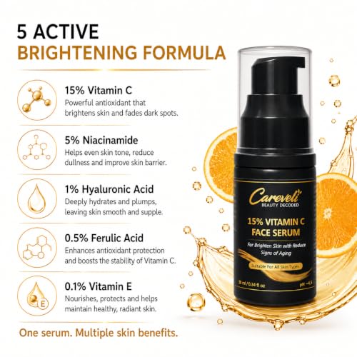 Image of 15% Vitamin C Face Serum with 5% Niacinamide, 1% Hyaluronic Acid, 0.5% Ferulic Acid & 0.1% Vitamin E | Face Serum for Glowing Skin, Dark Spots Appearance, Uneven Skin Tone & Hydration | Lightweight & Non-Sticky (10 ml)