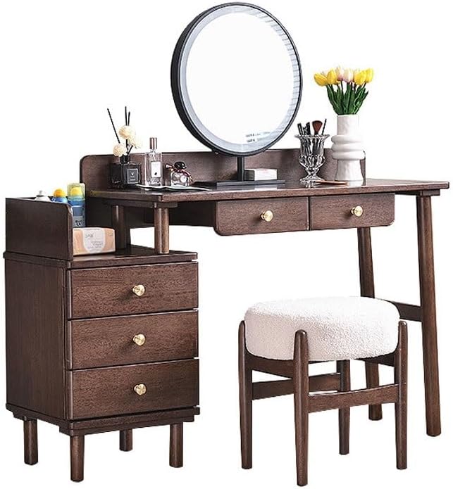 AMONG Vanity Desk Bedroom Dressing Table With Makeup Mirror Retractable Side Cabinet Makeup Table Modern Dressing Table Storage Cabinet Bedroom Makeup Table