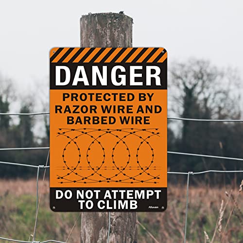 2 Pack Danger Protected By Razor Wire and Barbed Wire, Do Not Climb Sign 14\" x 10\" Safety Warning Sign Metal Reflective Rust Aluminum UV Protected Waterproof Easy Mounting Outdoor Use Fade Resistant - Thumbnail 7