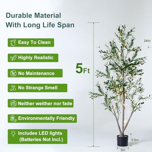 Olive Trees Artificial Indoor, 5FT Tall Faux Olive Tree with Lights Moss and Planter, Artificial Plants Indoor with Natural Wood Trunk and Lifelike Fruits, Fake Tree for Home Office Living Room Decor - Image 4