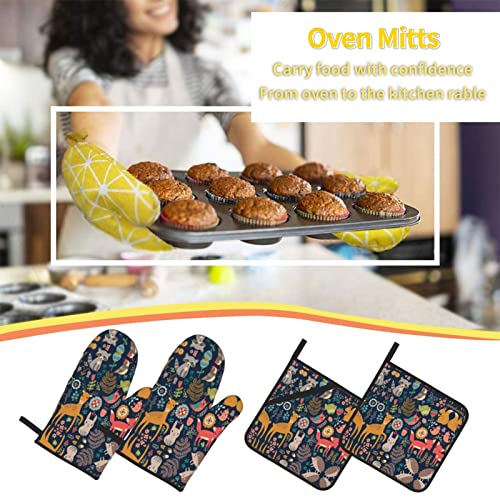 Forest Owl Deer Hedgehog Fox Oven Mitts And Pot Holders Sets Of 4 High Heat Resistant Oven Mitts With Oven Gloves And Hot Pads Polyester Potholders For Kitchen Baking Bbq Non-Slip Cooking Mitts #TOP6