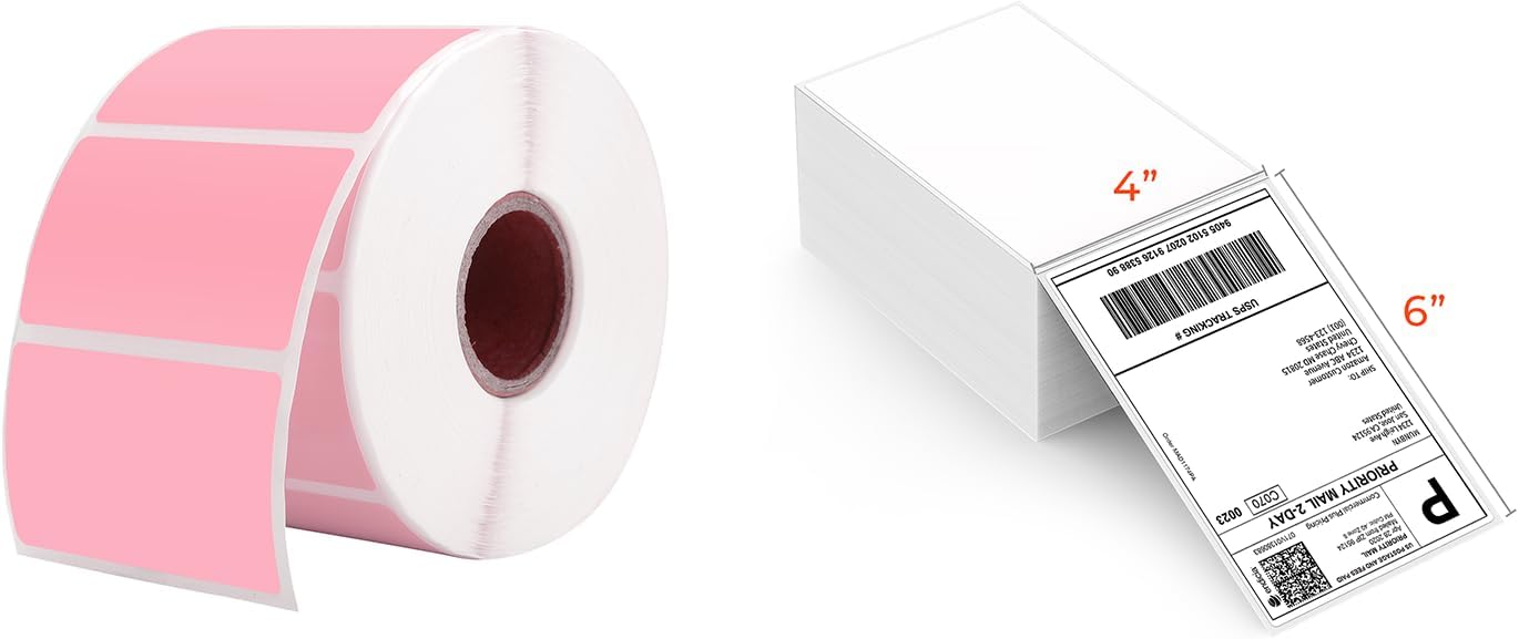 2.25"x1.25" Pink Thermal Labels+Thermal Direct Shipping Label (Pack of 500 4x6 Fan-Fold Labels)