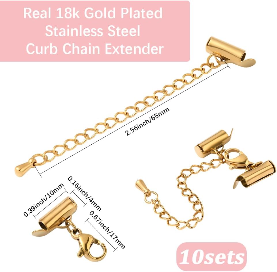 Beebeecraft 10 Sets Slide On End Clasps 10mm 18K Gold Plated Stainless Steel Tube Slider Crimp Cord Ends with Lobster Claw Clasps Extension Chain for Jewelry Making