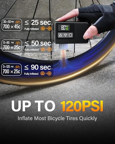 LIBERRWAY Mini Bike Pump, Electric Bike Pump Portable, 120 PSI Rechargeable Bike Pump with Gauge & LED Light, Battery Bicycle Tire Inflator for Mountain/City/Road Bike with Presta & Schrader Valve - Thumbnail 4