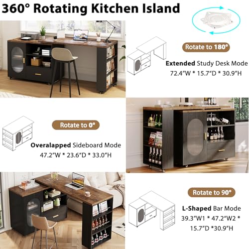 Image of HSH Rolling Kitchen Island with Seating & Storage with Wheels, Rustic Brown | 72 inch Large kitchen island, 360 swivel & extendable table, movable island Cart with cabinet, drawer and shelves for Kitchen