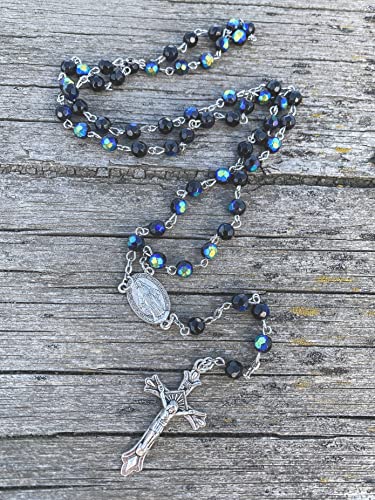 Nazareth Store Black Blue Rosary Beaded Necklace Multi Color Crystallized Glass Beads with Miraculous Medal and Jesus Cross Crucifix - Image 4