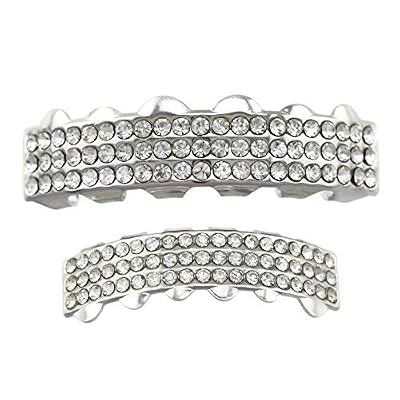 Three Row Grillz Set Iced Silver Tone Top & Bottom Teeth 3 Rows Hip Hop Grills