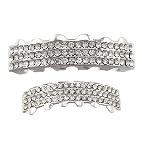 Three Row Grillz Set Iced Silver Tone Top & Bottom Teeth 3 Rows Hip Hop Grills