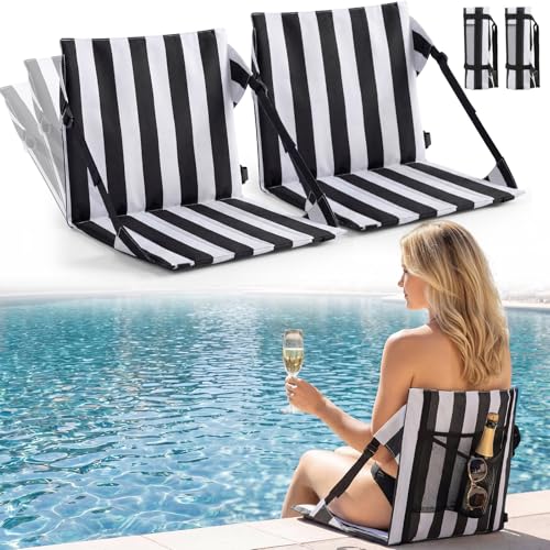 Tegeme 2 Pcs Foldable Pool Chairs Portable Poolside Seat for Edge of Pool Portable Flip Beach Chairs for Poolside Camping Picnic Lawn Accessories(Black White)