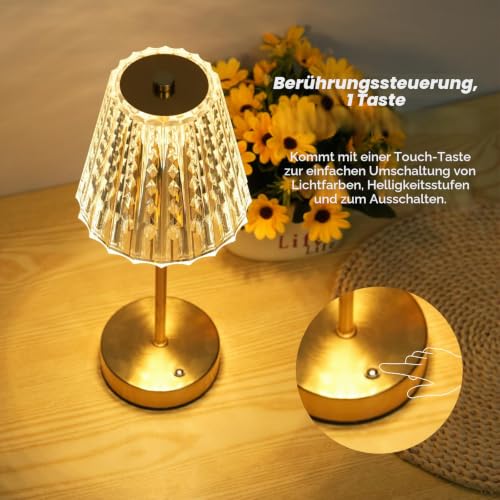 Lixada Kristall Tischlampe Kabellos, Vintage Tischleuchte mit 3 Farben, LED Touch Lampe, Akku Betrieben, Dimmbar, Ideal für Wohnzimmer Schlafzimmer Garten Gaststätte Bar (Gold) – Bild 3