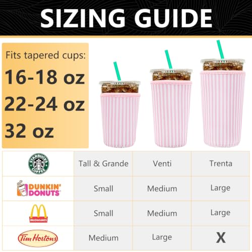 Image of YR Reusable Neoprene Insulator Sleeve for Iced Coffee Cups, 3 Pack Coffee Coolies sleeves for Iced & Hot Drinks, Cold Beverage Cooler Compatible with Starbucks Coffee and More (Pink Stripes)