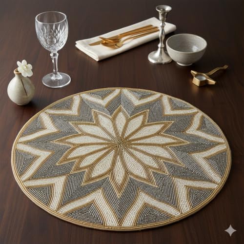 Set of 2 Handmade Beaded Placemat, 14x14 inch Round Luxury Table Mat, Gold and Silver Starburst Mandala Design, Premium Glass Beadwork for Dining Table Decor, Decorative Charger Plate image 2