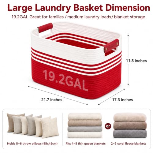Image of 19.2GAL Sturdy Large Laundry Basket with Handles for Dirty Clothes, Portable Aesthetic Boho Cute Woven Storage Blanket Baskets for Living Room Decor and throws pillows Kids Toys Bath Towle White Red