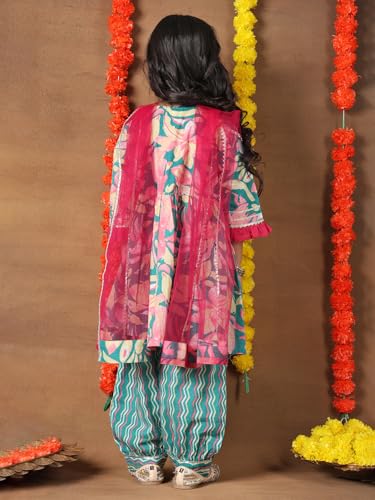 Image of superminis Girls Cotton Floral Printed Kurti Palazzo Style Salwar Set With Net Dupatta Kids Ethnic Wear Set