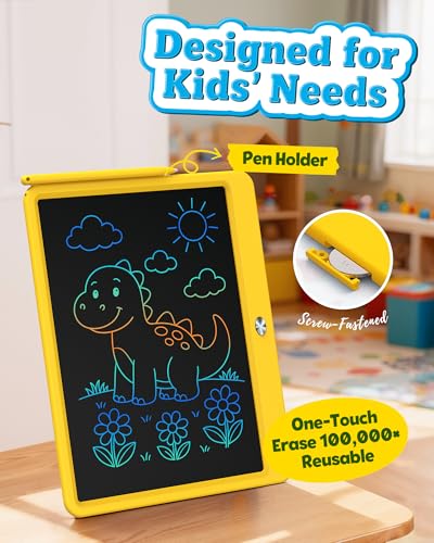 Image of Bravokids 12 Inch LCD Writing Tablet for 3-8 Year Olds - Electronic Drawing Pad and Doodle Board as Educational Birthday Gifts for Girls and Boys (Yellow)