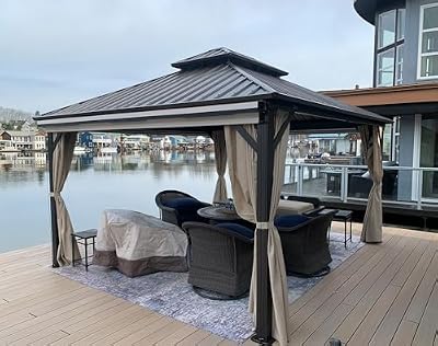 PURPLE LEAF 8’ X 12’ Outdoor Hardtop Gazebo Metal Frame Galvanized Steel Double Roof with Curtains and Nettings for Patio Desk Backyard Bronze