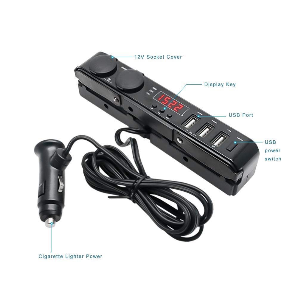 Adattatore Accendisigari Auto 3 Prese + 2 Porte USB: 120W, 12V/24V, Cavo 70cm, Con Fusibile, Nero - 4
