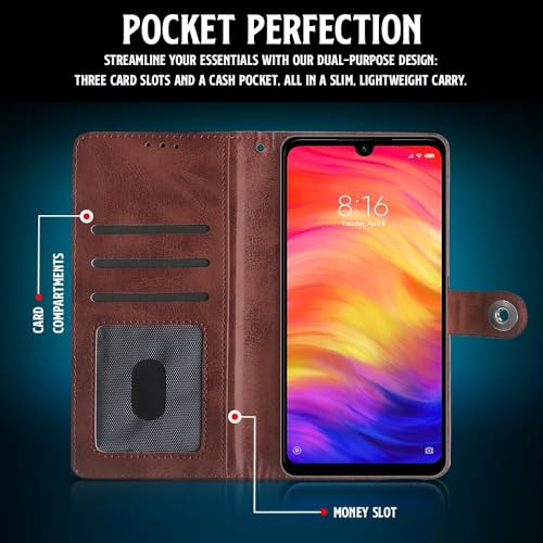 Image of WOW IMAGINE Shock Proof Flip Cover Back Case for Xiaomi Mi Redmi Note 7 | 7 Pro | 7S (Magnetic Button Flip Case | Wallet Pockets & Stand | Leather Finish | Coffee)