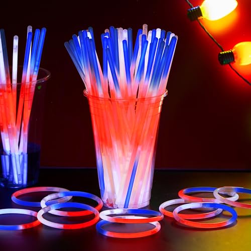 JOYIN 72 Pcs July 4th Glow Sticks Bulk with Connectors, Red White Blue 3 Colors In 1 Glow in The Dark Stick, Light Up Bracelets & Necklaces for Kids & Adults, Party Favor Supplies For Independence Day - image 8