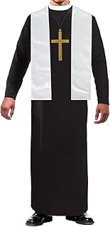 Mens Halloween Adult Priest Costume with Father Robe White Stole Cross for Dress Up Party