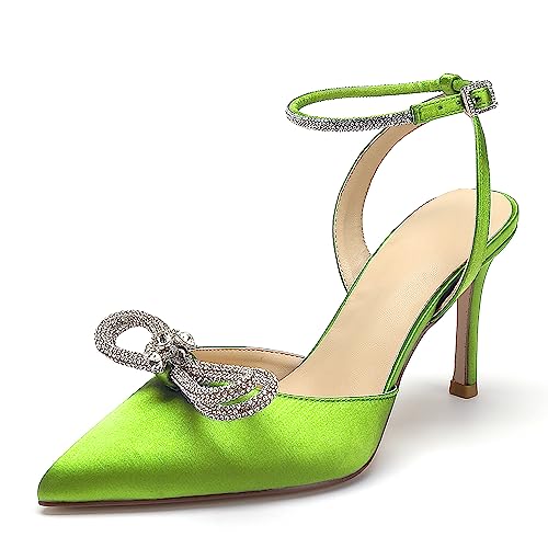 Pointed Toe Satin White Wedding High Heels Rhinestone Ankle Strap Dress Shoes Pumps for Bride