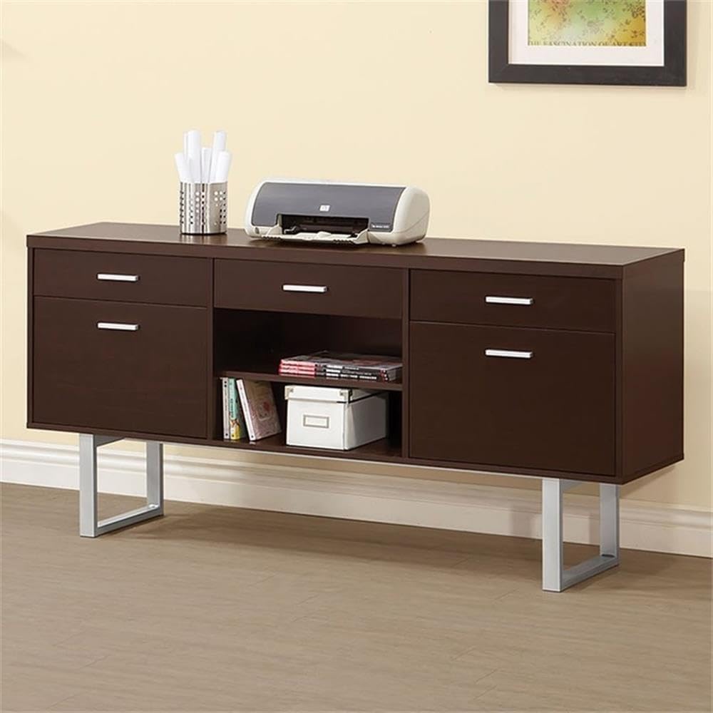 BOWERY HILL 5 Drawer Credenza Desk, Cappuccino Finish, Engineered Veneer and Metal Construction, 60" W x 30" H x 15.5" D, Casual Style Office Desk with Shelves and File Storage