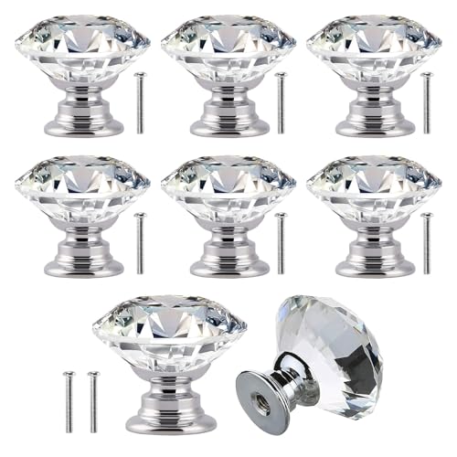 Watlikeup Crystal Door Knobs,8 PCS 20MM Crystal Glass Cabinet Door Knobs with Screws,Clear Door Handles for Cupboards, Wardrobe, Sideboard, Drawer, Wardrobe Door