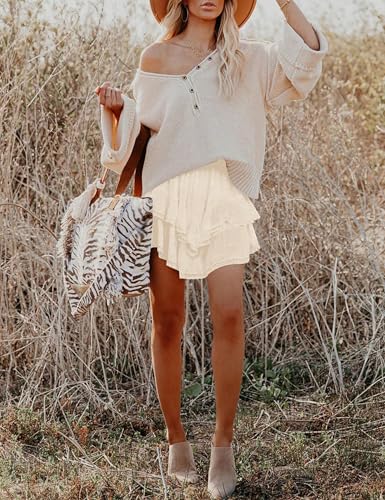 MISSACTIVER Short feminino rodado com babados em camadas, cintura alta, plissado, mini saia boho de