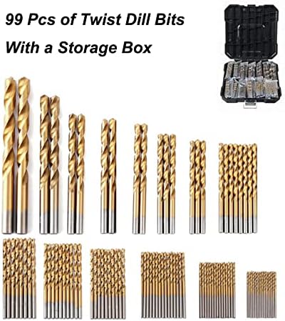 POIU 99PCS Titanium Coated Twist Drill Bit Set with Case, 4241 HSS 135°Tip Metric Drill Bits Size from 1.5-10mm for Metalworking, Woodworking, Plastic Hole Drilling
