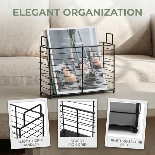 Noamus Metal Magazine Rack, Newspaper Book Tablet Storage Basket, File Holder Mail Organizer Bin with Handles, Iron Wire Black Folder Stand Holder for Home Office Bathroom Bedroom Den Living Room - Image 4